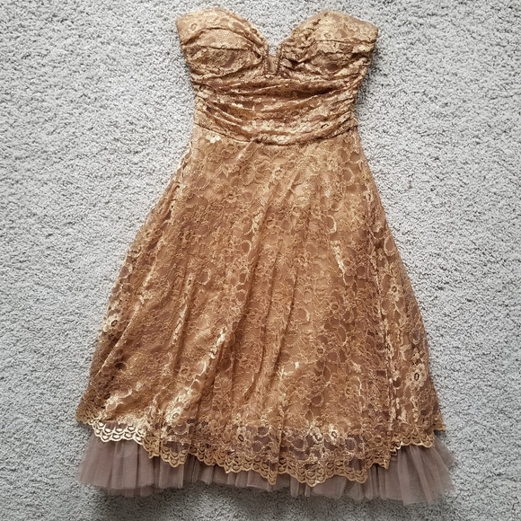 Bronze/Gold Lace Overlay Strapless Formal Gown - Picture 4 of 15